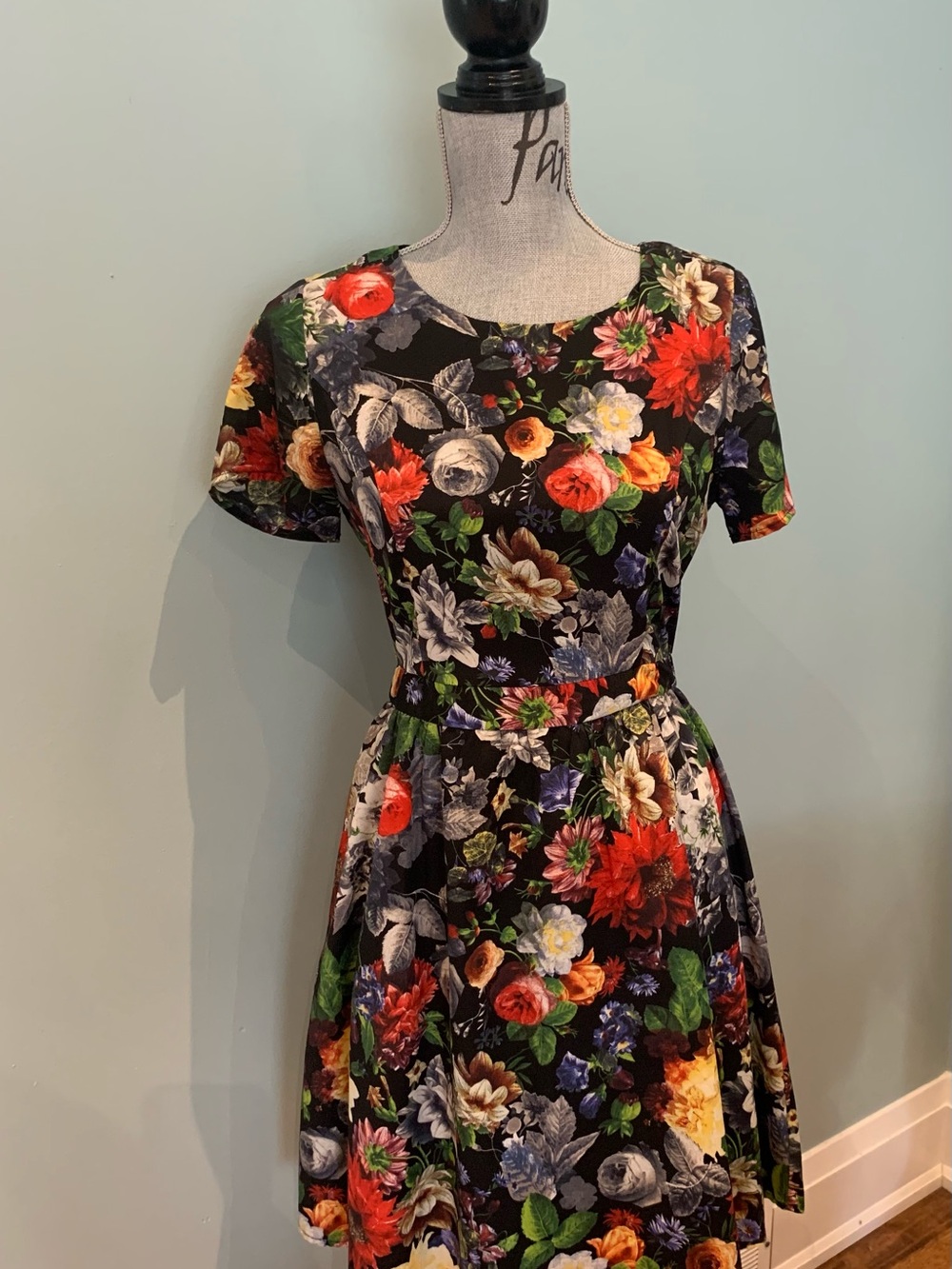 Forever 21 Black Floral Fit-and-Flare Midi Dress with Red and Yellow Blooms